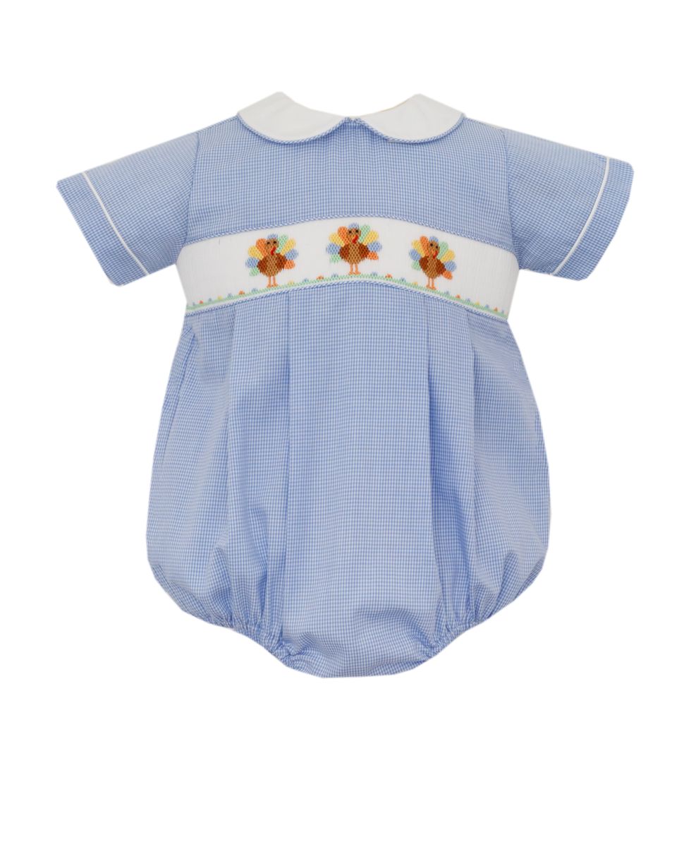 Blue Gingham Smocked Turkey Boy Bubble
