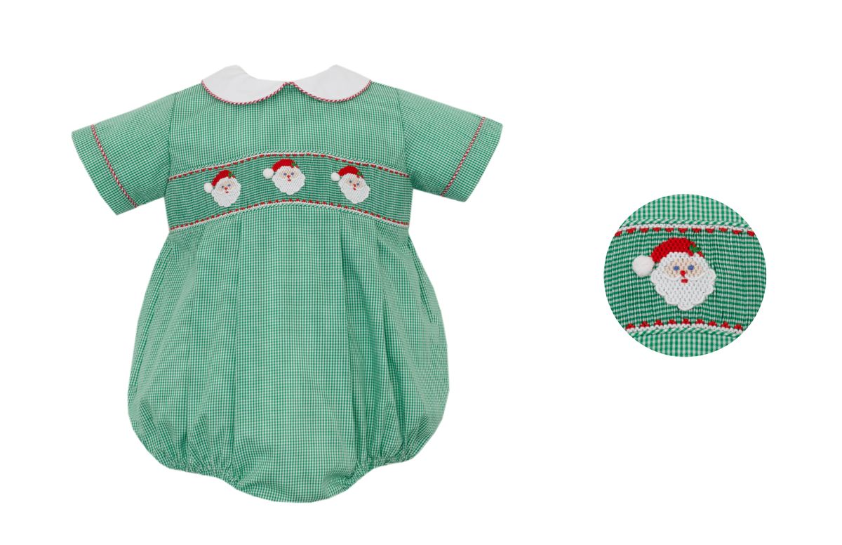 Smocked Santa Green Gingham Boy Bubble