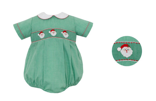 Smocked Santa Green Gingham Boy Bubble