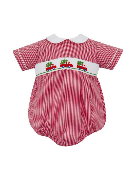Smocked Trees w/ Cars Red Gingham Boy Bubble