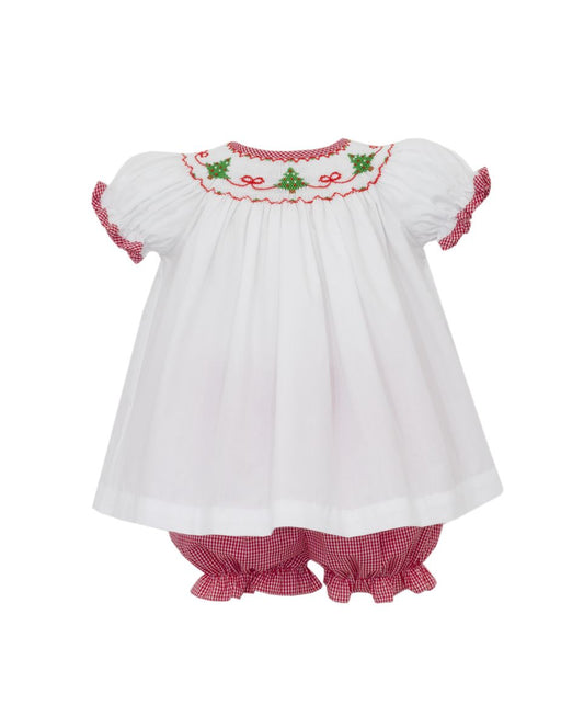 Smocked Trees w/ Bows Red Gingham Bloomer Set