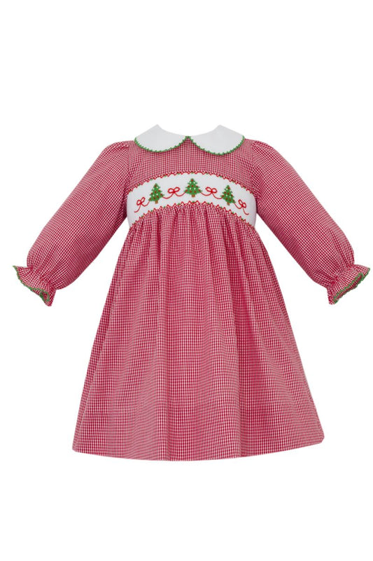 Smocked Trees w/ Bows Red Gingham Dress