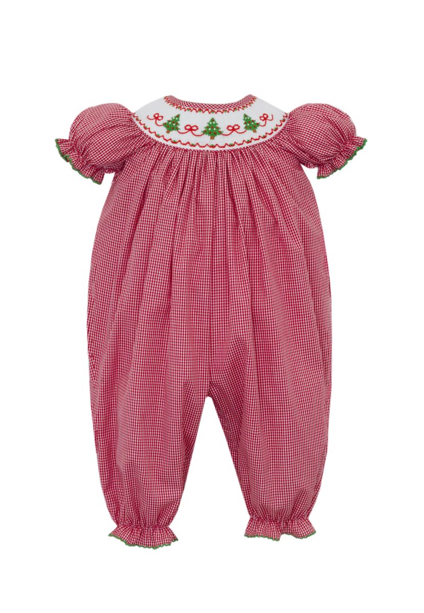 Smocked Trees w/ Bows Red Gingham Long Bubble
