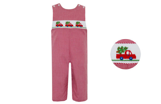 Smocked Trees w/ Cars Red Gingham Longall
