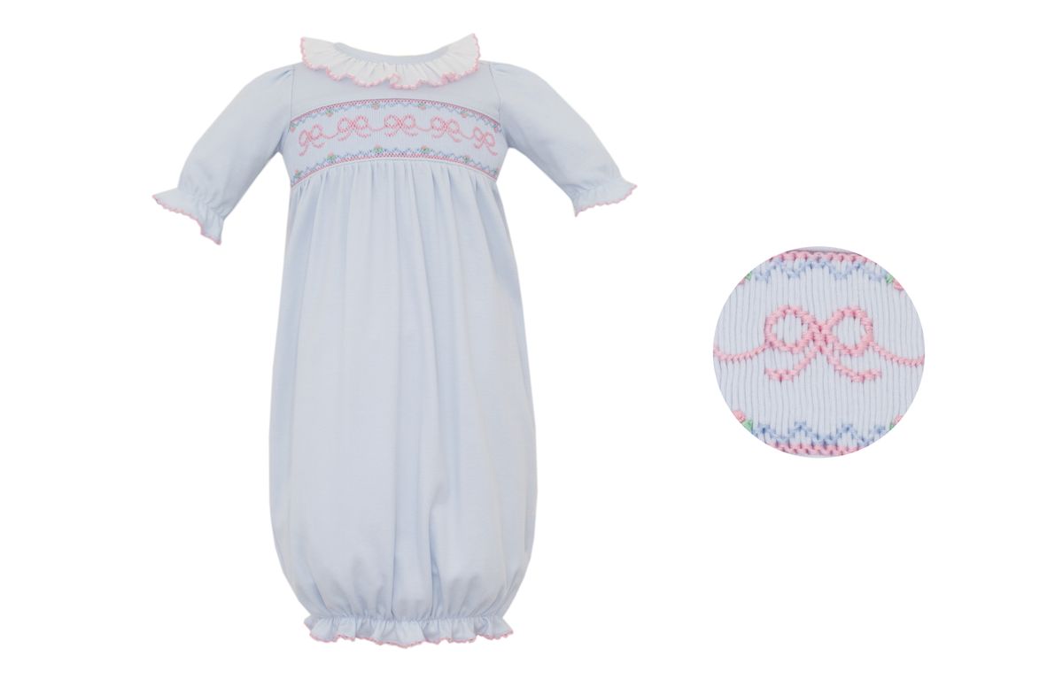Light Blue Smocked Bow Knit Gown