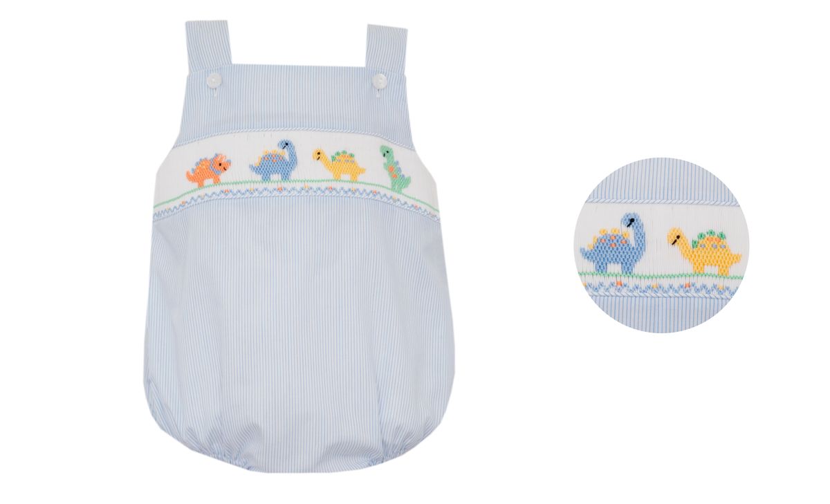 Smocked Dinos Light Blue Stripe Bubble
