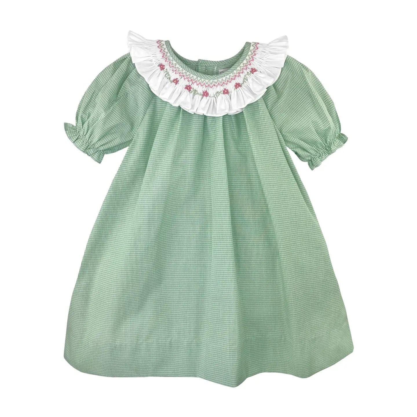 Green Gingham Ruffled Collar Dress