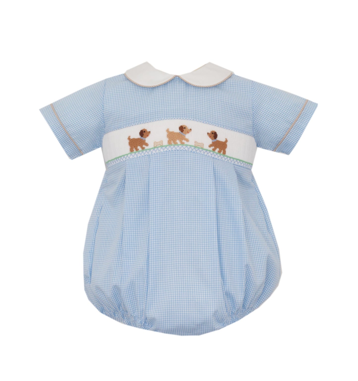 Smocked Puppy Light Blue Check Bubble