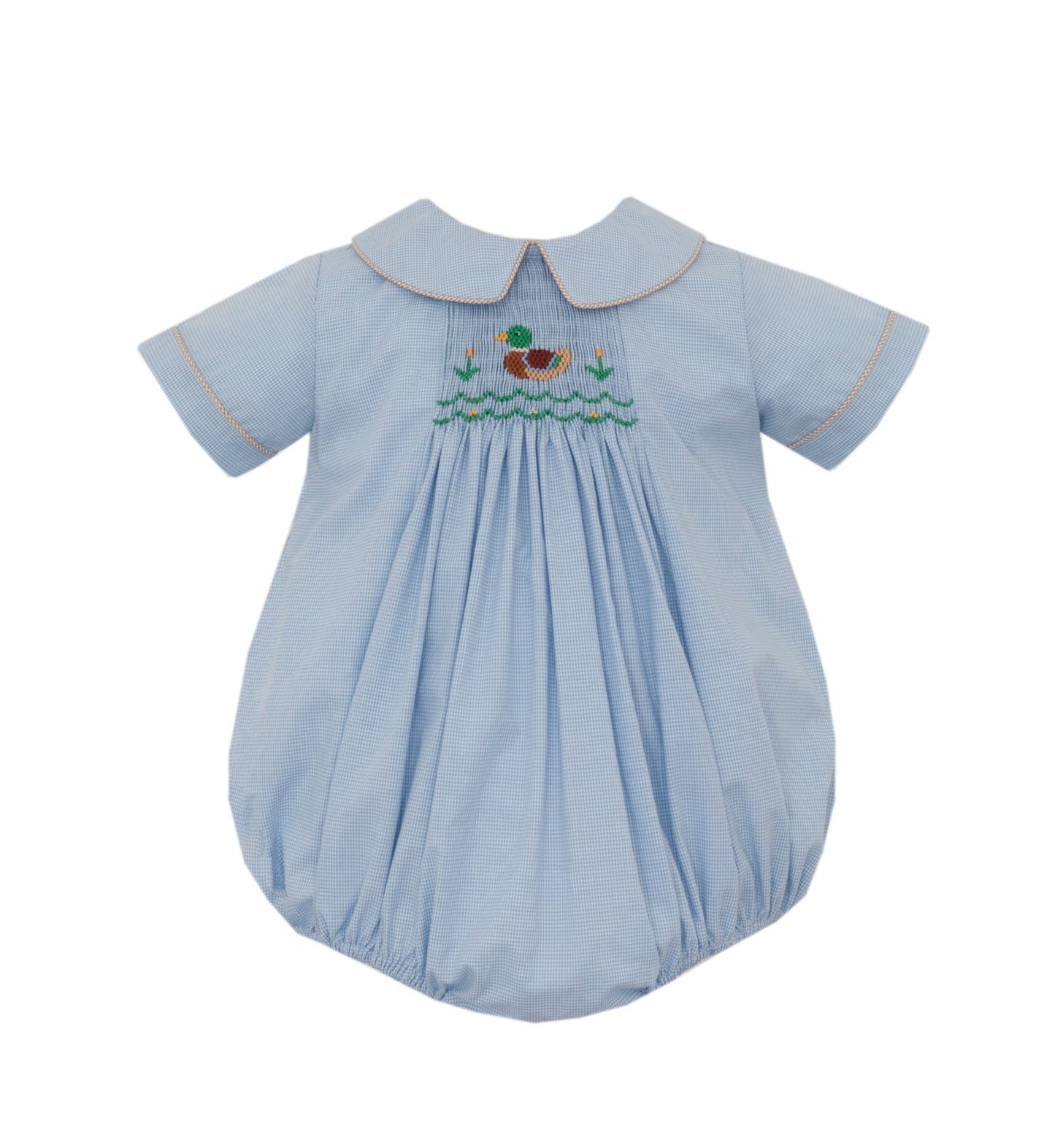 Smocked Mallard Duck Light Blue Check Bubble