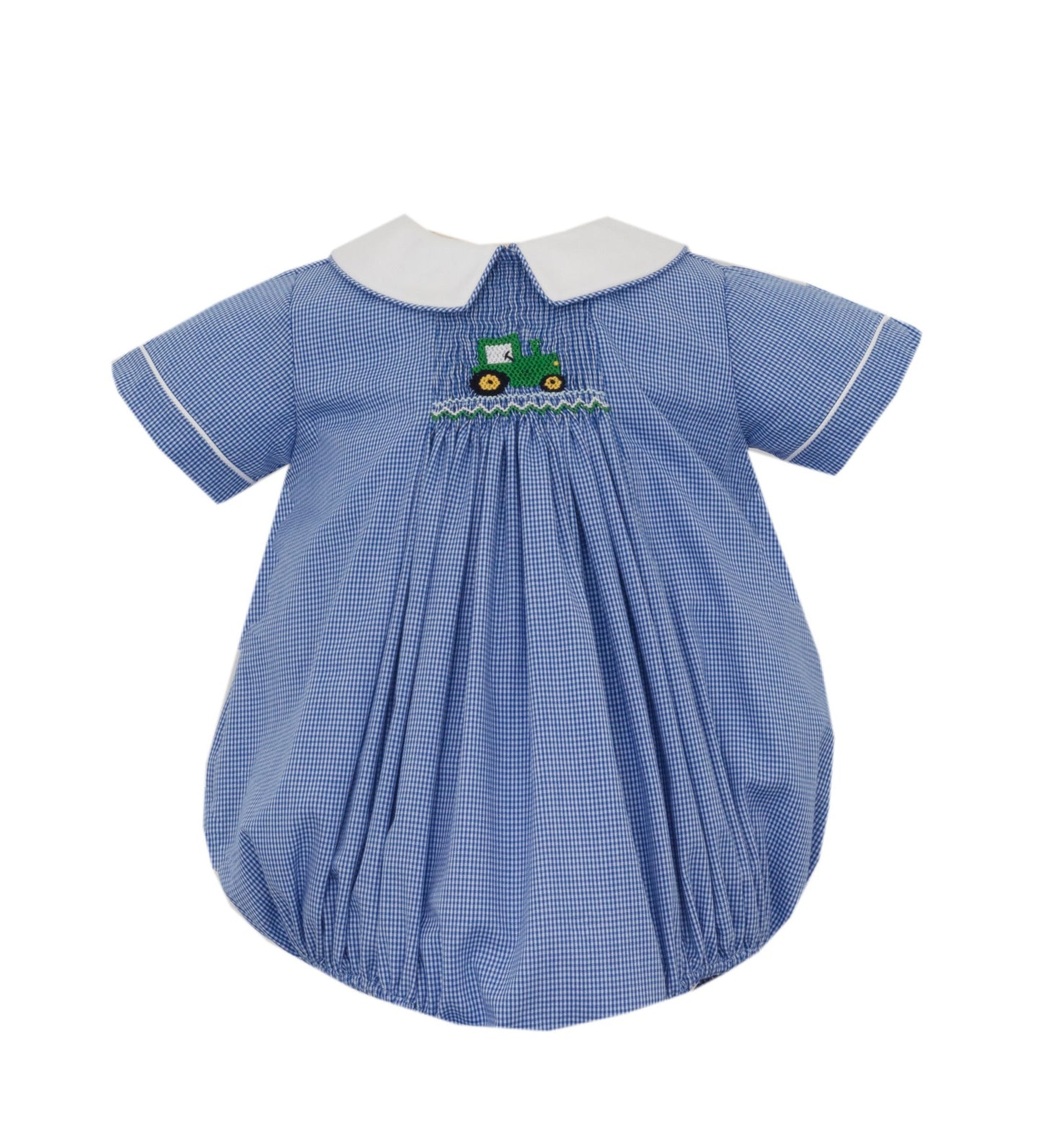 Smocked Tractor Royal Blue Check Bubble