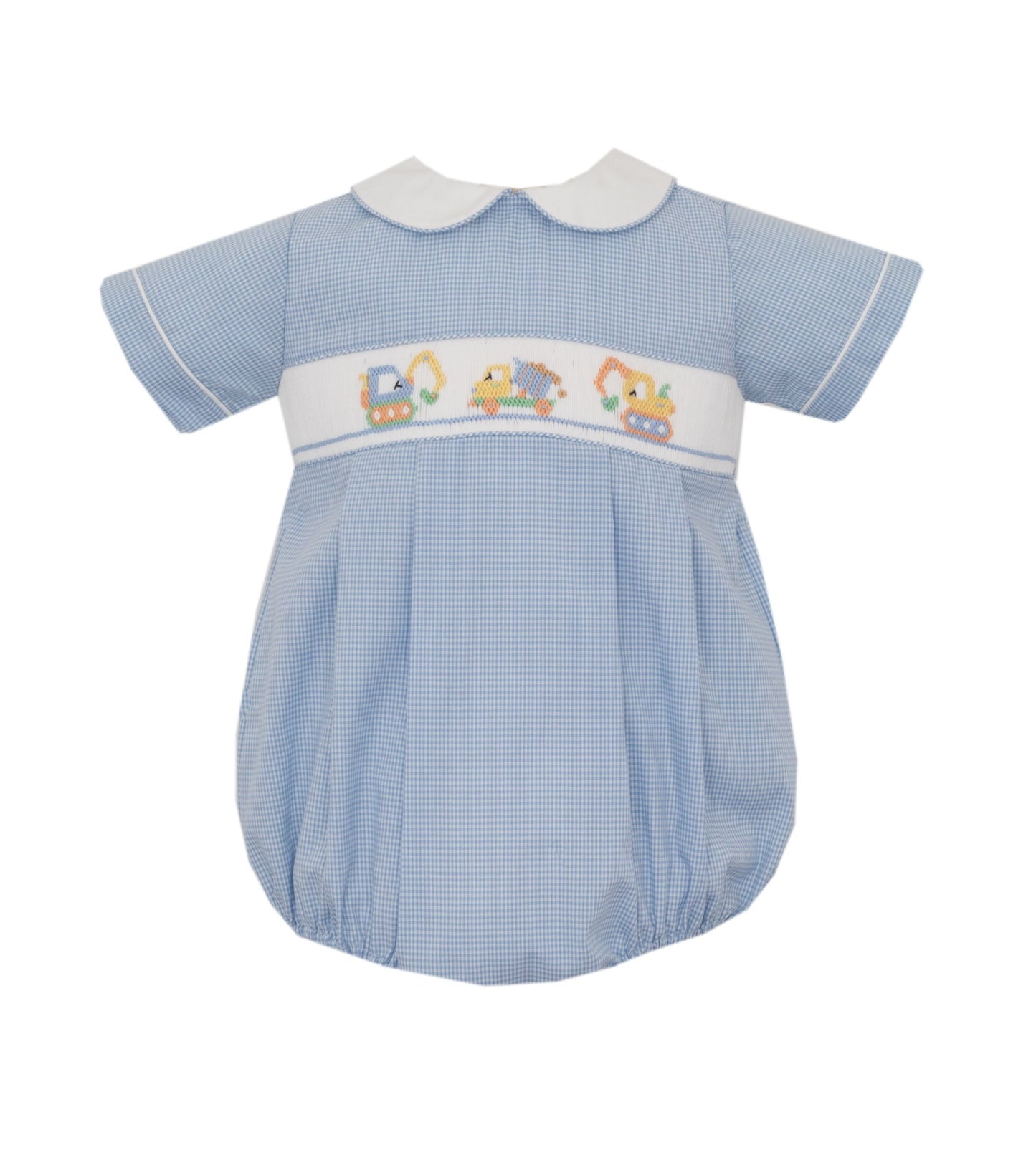 Smocked Trucks Blue Gingham Bubble