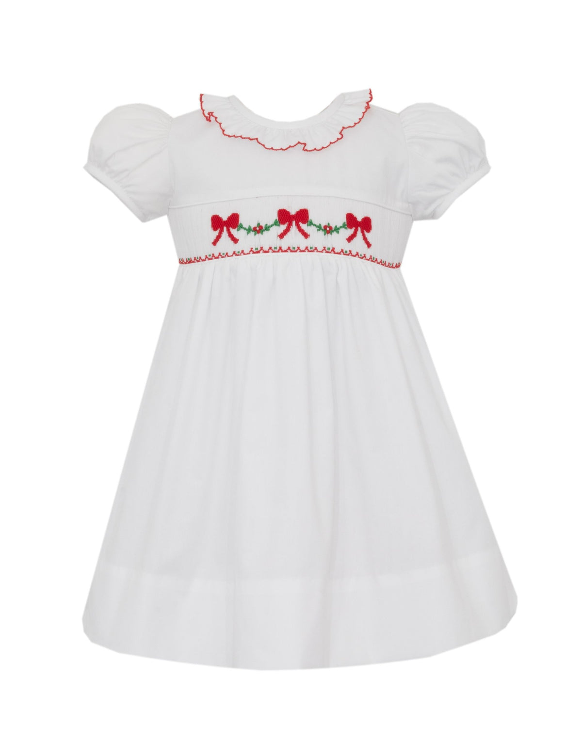 Smocked Red Bow White Dress