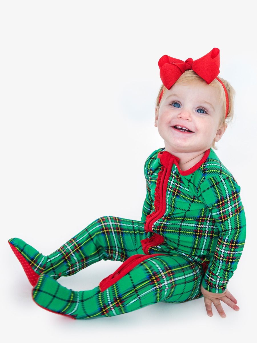 Green Nicholas Plaid Ruffle Footie Pajamas
