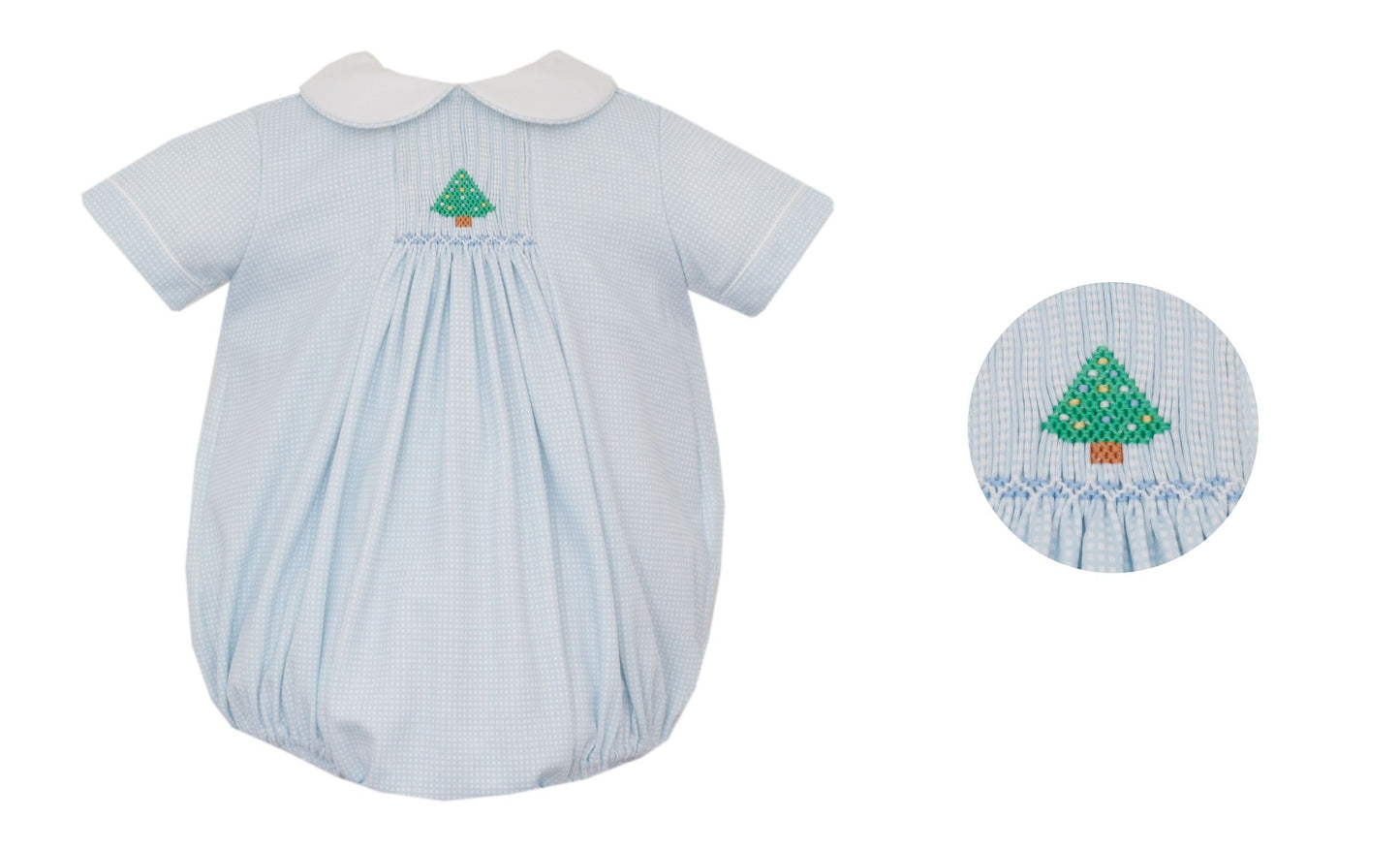 Smocked Christmas Tree Blue Check Knit Bubble