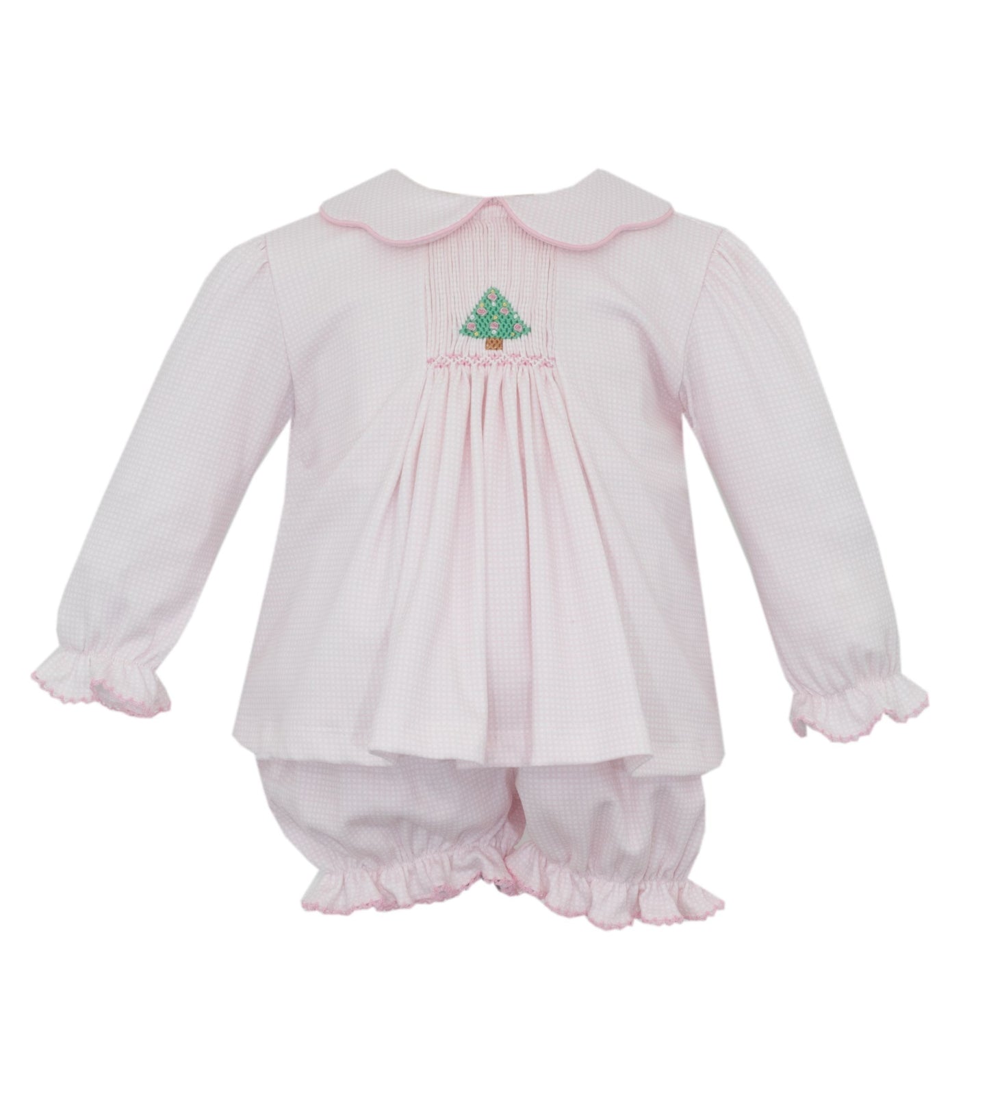 Smocked Christmas Tree Pink Check Bloomer Set