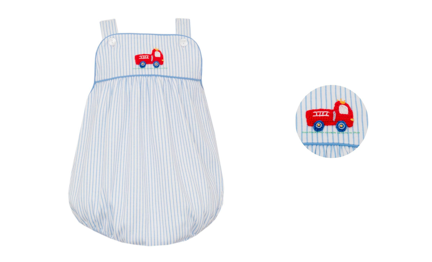 Smocked Firetruck Light Blue Stripe Bubble