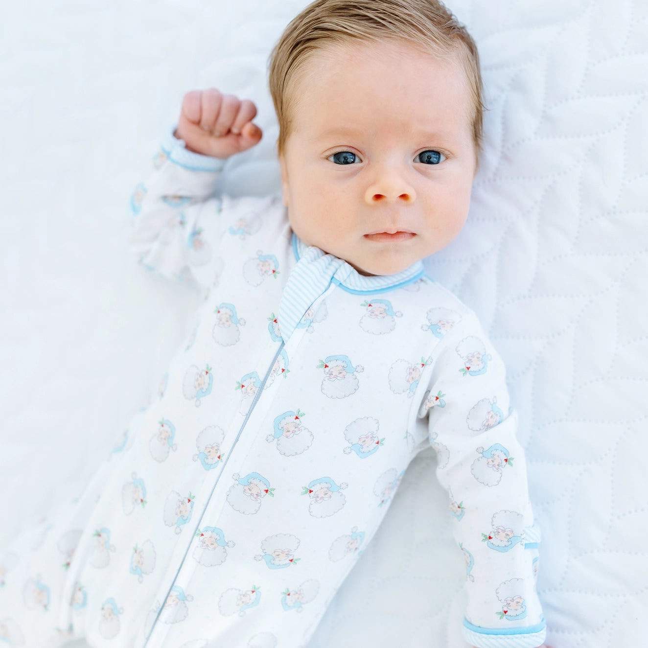 Santa Baby Print Zip Footie - Light Blue