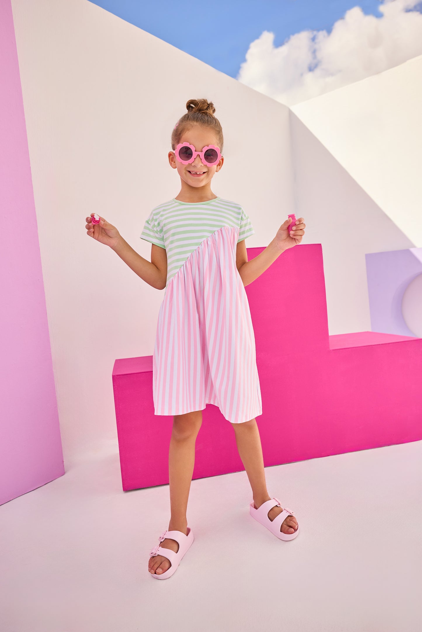 Swoop Dress - Pink/Green Stripe