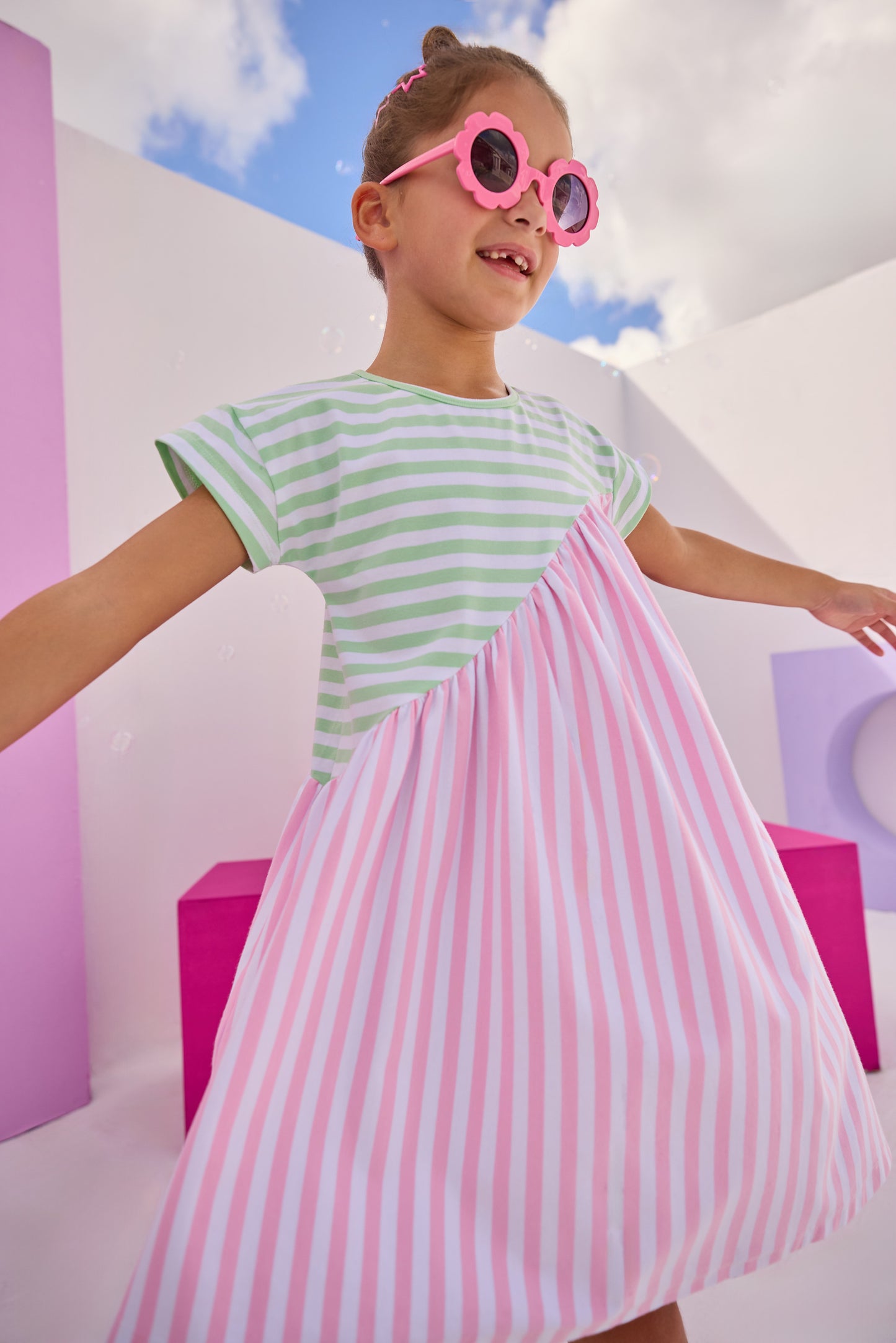 Swoop Dress - Pink/Green Stripe