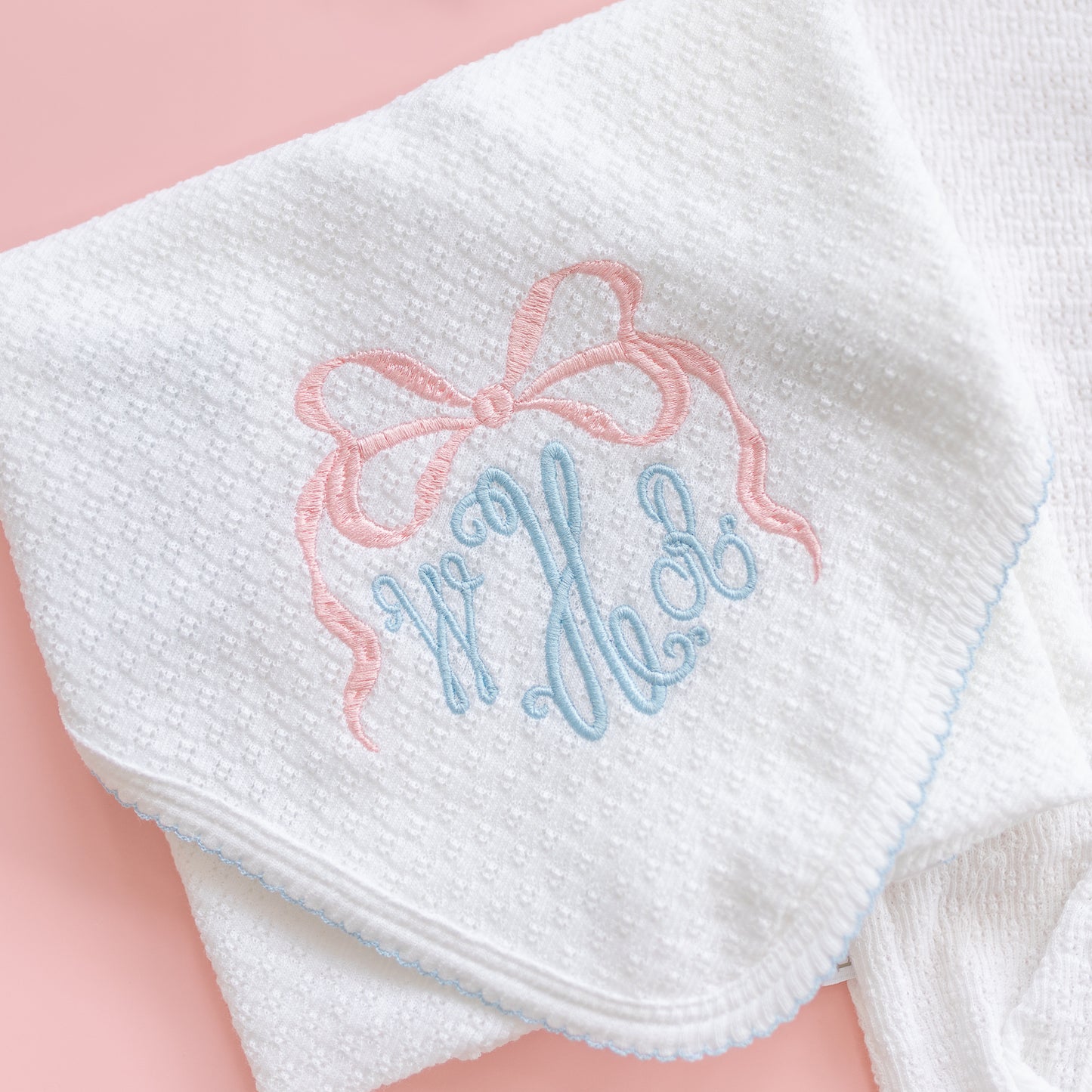 White w/ Blue Trim Swaddle Blanket