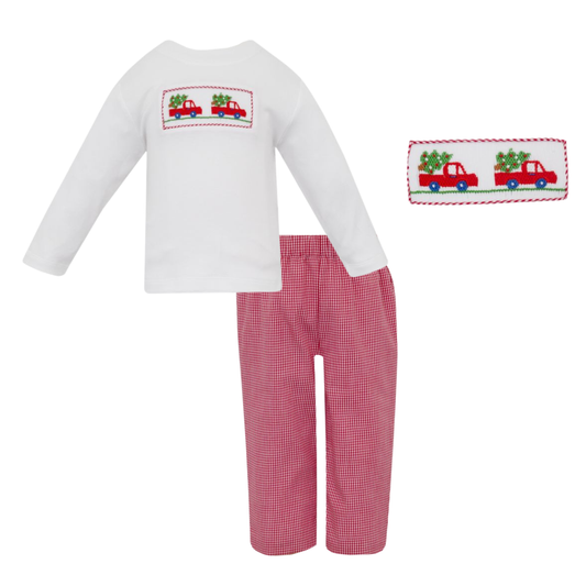 Smocked Trees w/ Cars Red Gingham Pant Set