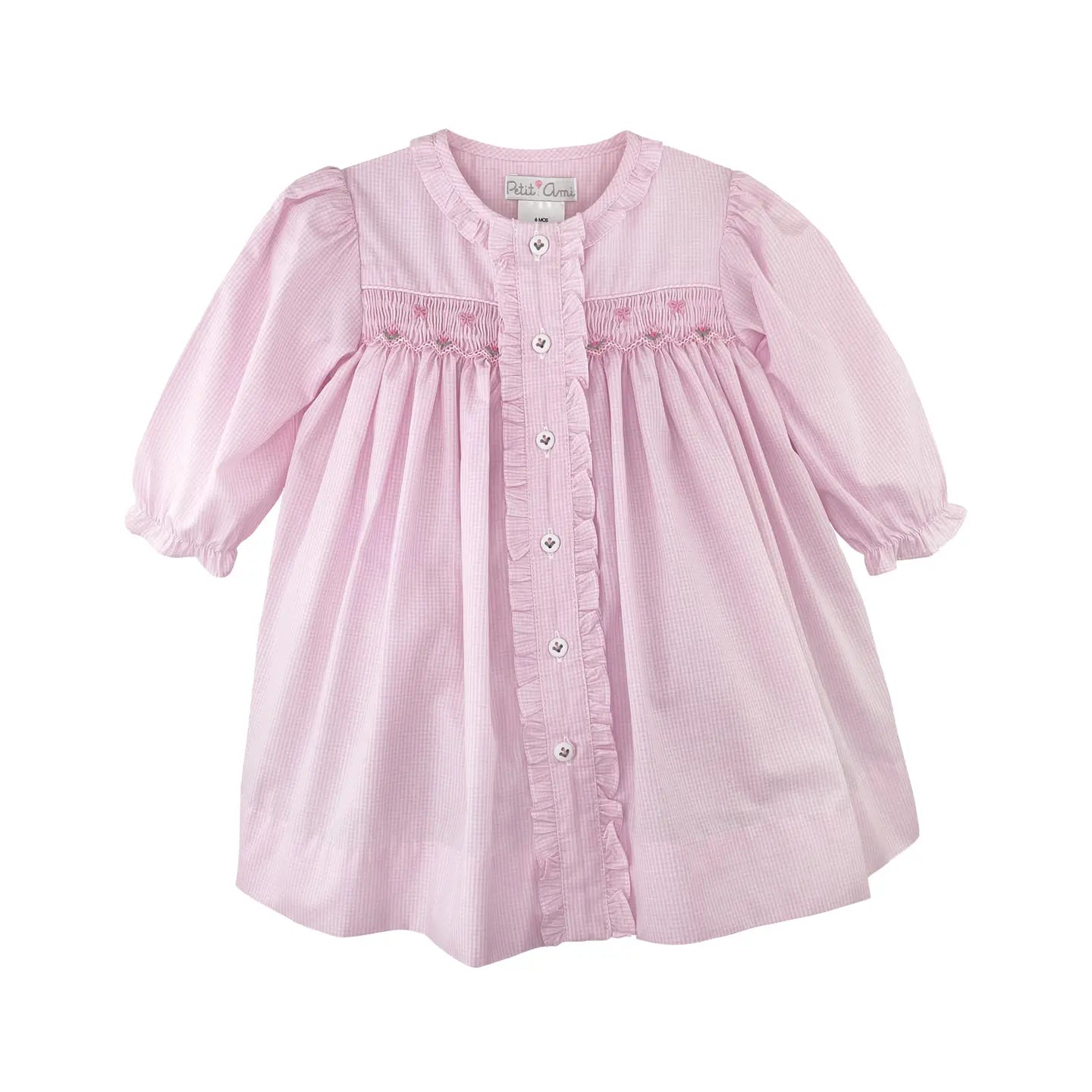 Pink Gingham Dress with Button Front and Smocking