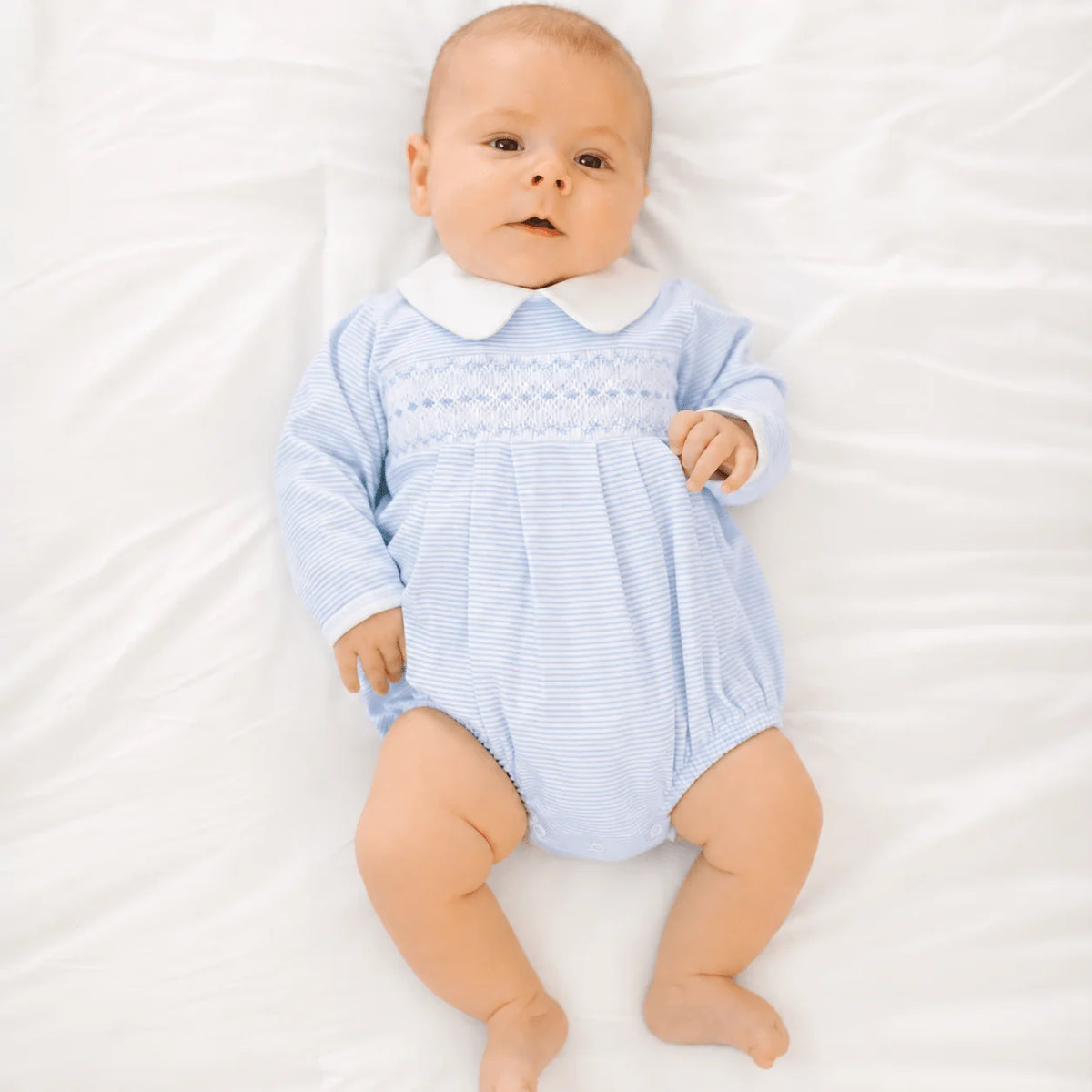 Benjamin Smocked Long Sleeve Bubble - Light Blue