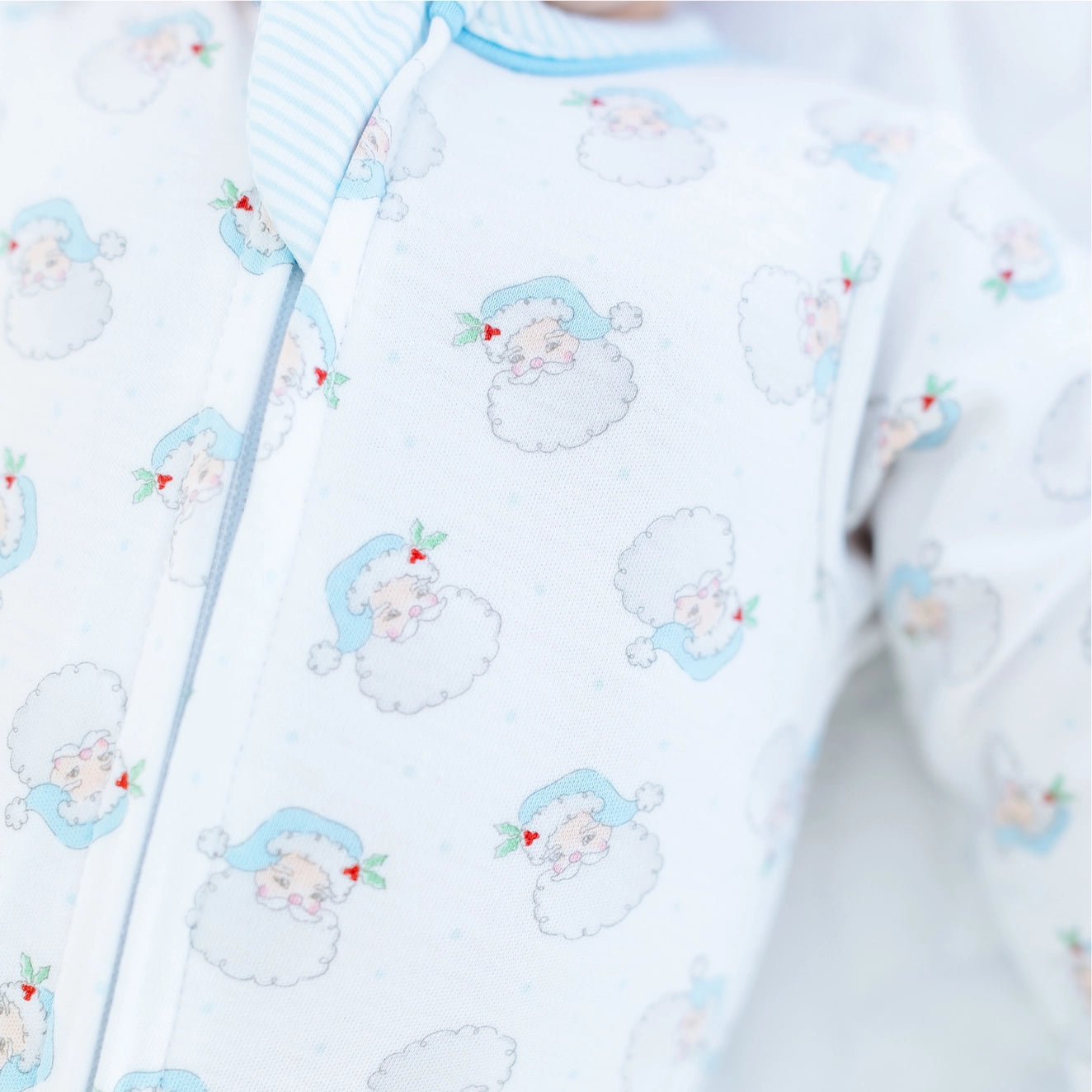 Santa Baby Print Zip Footie - Light Blue
