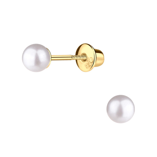 14K Gold-Plated White Pearl Earring w/ Screw Back