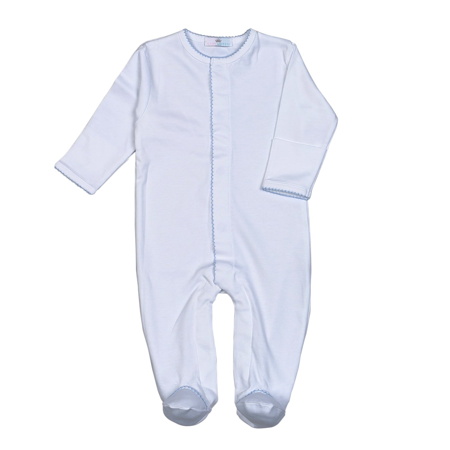White Snap Footie Blue Picot Trim