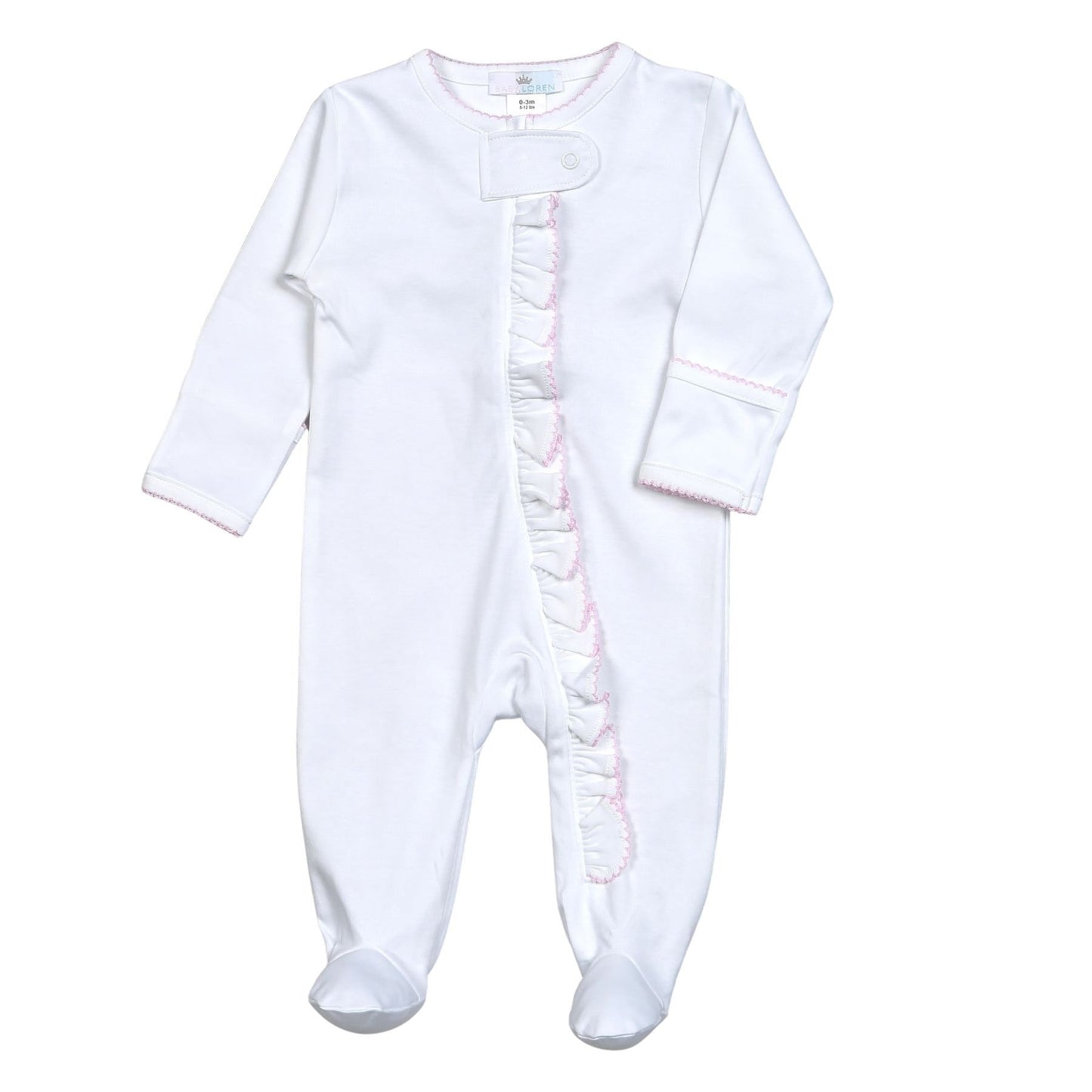 White Zipper Footie Pink Picot Trim