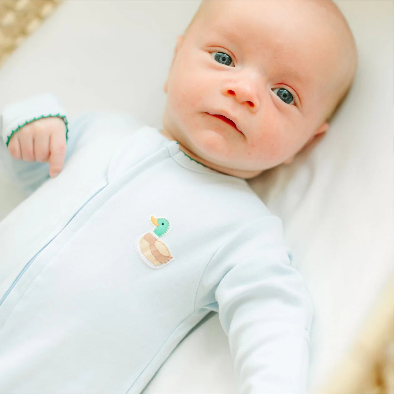 Mini Mallard Embroidered Zip Footie - Light Blue