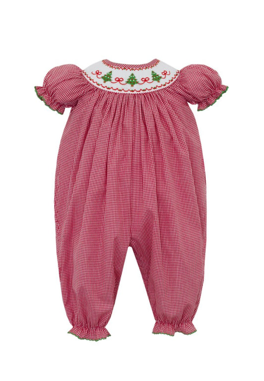 Smocked Trees w/ Bows Red Gingham Long Bubble