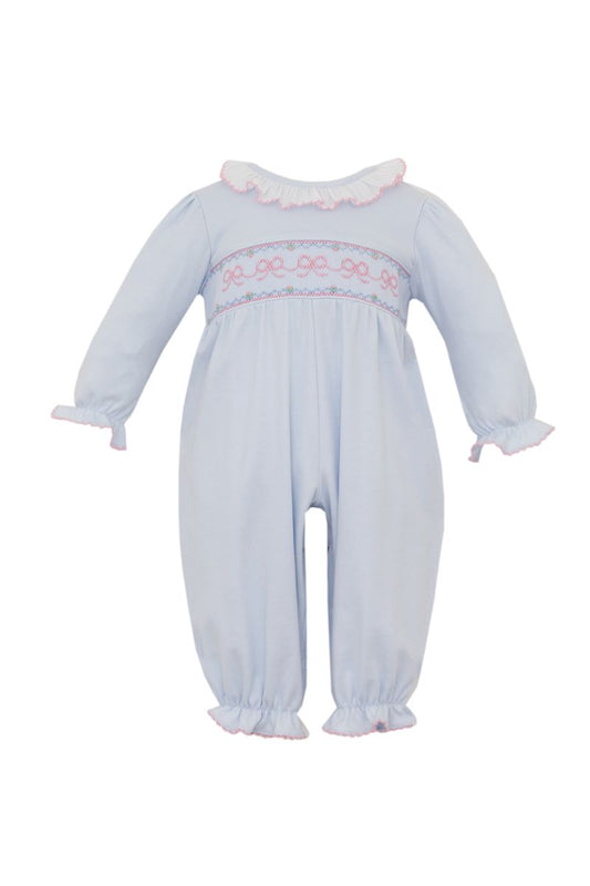 Light Blue Smocked Bow Knit Footie