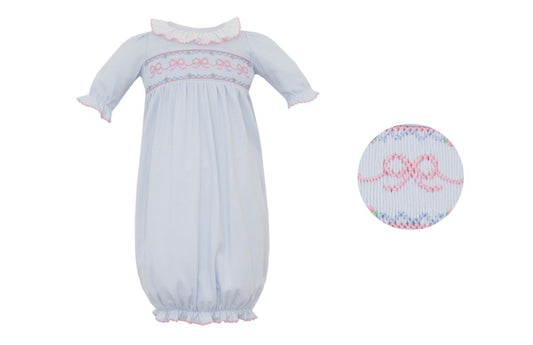 Light Blue Smocked Bow Knit Gown