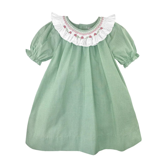Green Gingham Ruffled Collar Dress