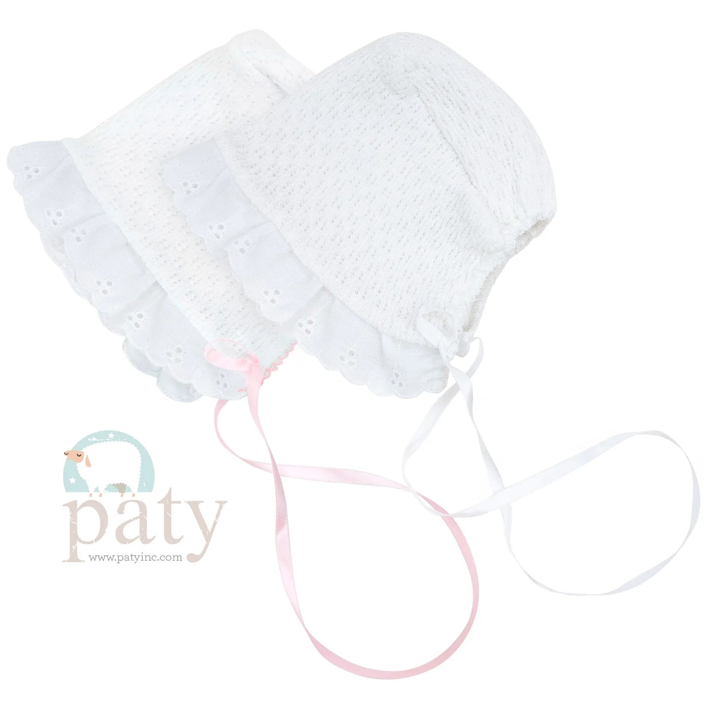 Bonnet w/ Eyelet Trim and Pink Ribbon