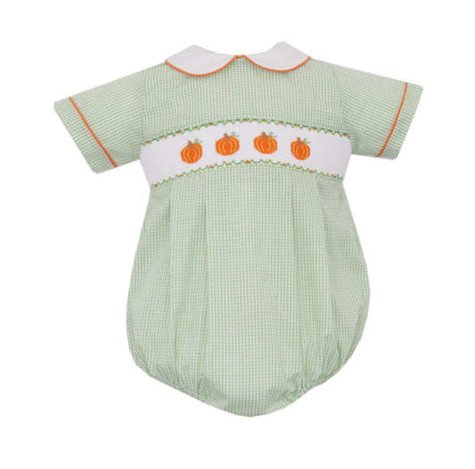 Boys Smocked Pumpkin Green Check Bubble