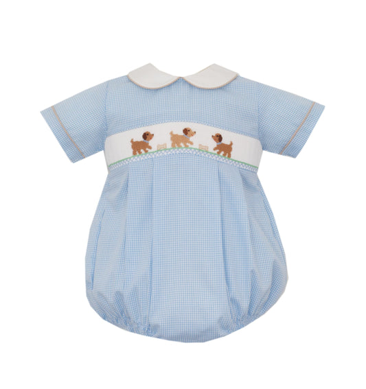 Smocked Puppy Light Blue Check Bubble