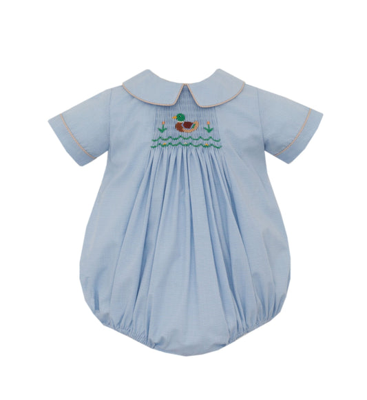 Smocked Mallard Duck Light Blue Check Bubble