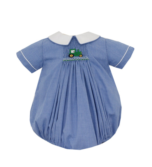 Smocked Tractor Royal Blue Check Bubble