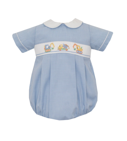 Smocked Trucks Blue Gingham Bubble