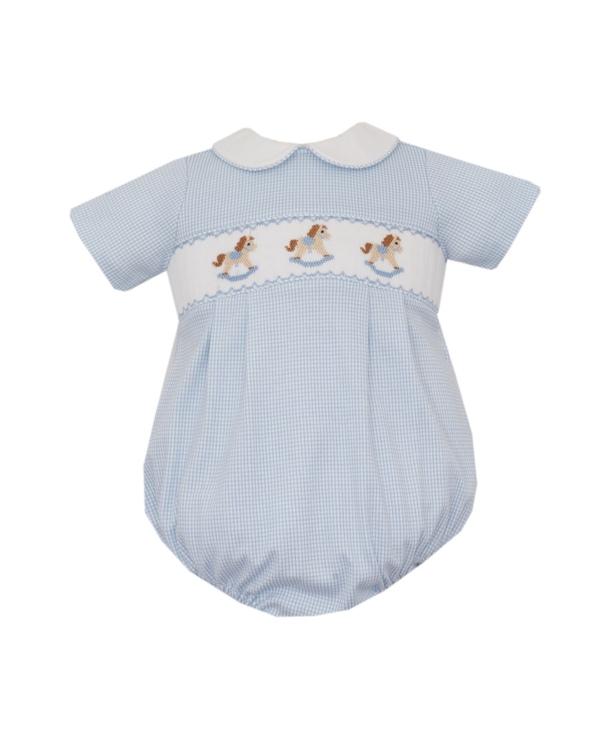 Smocked Rocking Horse Blue Check Bubble