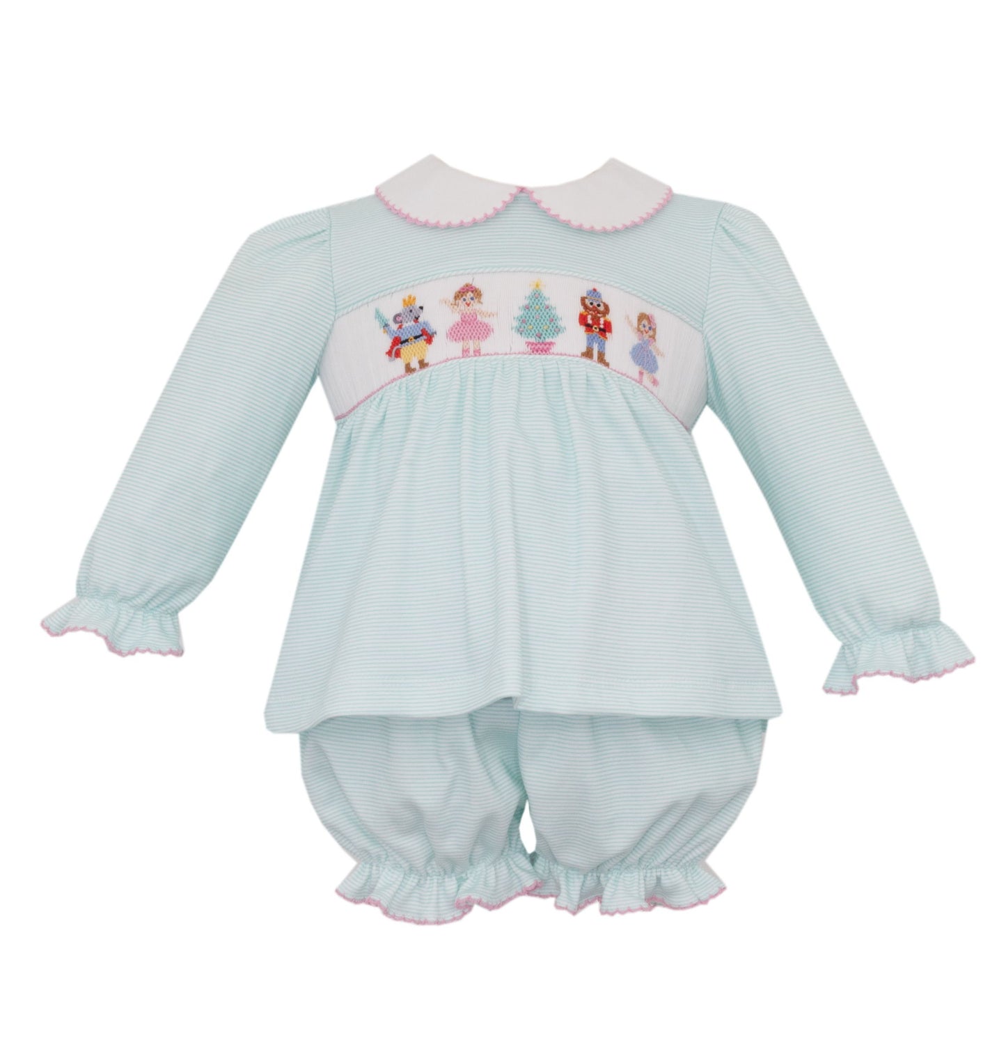 Smocked Nutcracker Aqua Knit Stripe Bloomer Set
