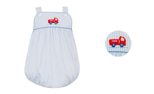 Smocked Firetruck Light Blue Stripe Bubble