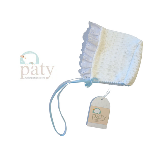 Bonnet w/ Eyelet Trim and Blue Ribbon