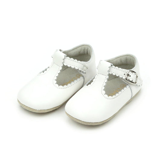 Elodie Girls Scalloped T-Strap Mary Jane Crib Shoe - White