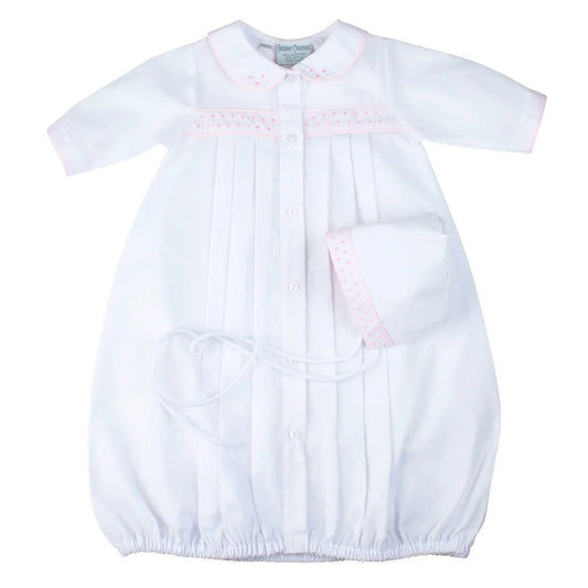 White Girls Dot Embroidered Take Me Home Gown with Bonnet