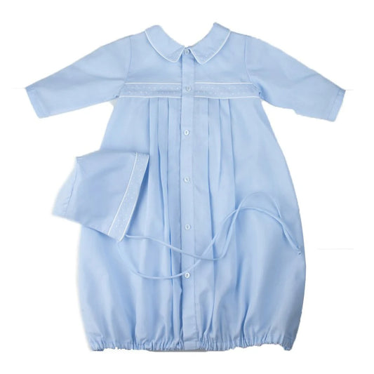 Blue Boys Dot Embroidered Take Me Home Gown with Bonnet