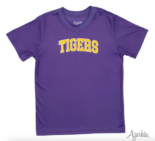 Tigers Arch in Gold on Purple Drifit Shirt